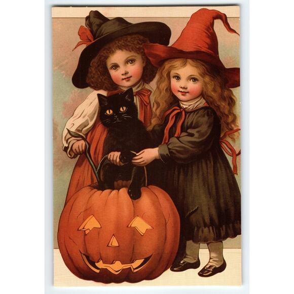 Vintage Halloween Postcard Two Girls with Black Cat and Jack-O-Lantern - Picture 1 of 2